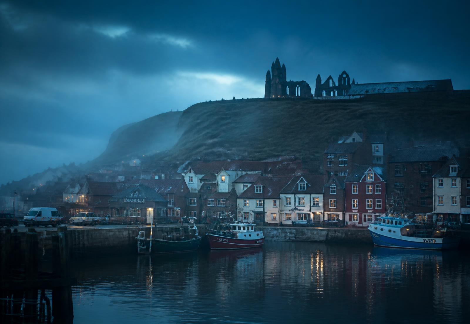Whitby harbour and the abbey ruins at blue hour